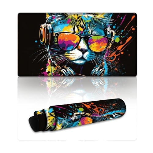 Mauspad mit Katze und Kopfhörern,extra großes Mauspad (40 x 75 x 0,3 cm),Tastaturpad mit weicher,glatter Oberfläche und rutschfester Gummiunterseite für Gamer,Büro und Schreibtischdekoration zu Hause von LLONGKT