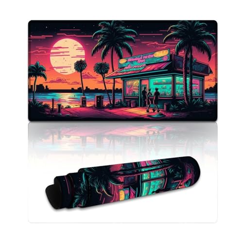 Neon Beach Gaming-Mauspad, erweitertes Mauspad (40 x 75 x 0,3 cm), Tastatur-Schreibtischmatte, ausfranssichere, genähte Kanten, rutschfeste Gummiunterseite, verbesserte Präzision und Geschwindigkeit von LLONGKT