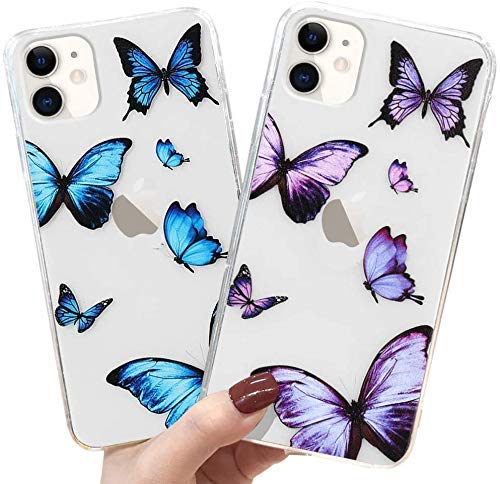 LLZ.COQUE 2 Pack Hülle für iPhone 12/iPhone 12 Pro Handyhülle Schmetterling Klar Schutzhülle Transparent Butterfly Case Backcover Schmetterling Hülle für iPhone 12/iPhone 12 Pro Blau&Lila von LLZ.COQUE
