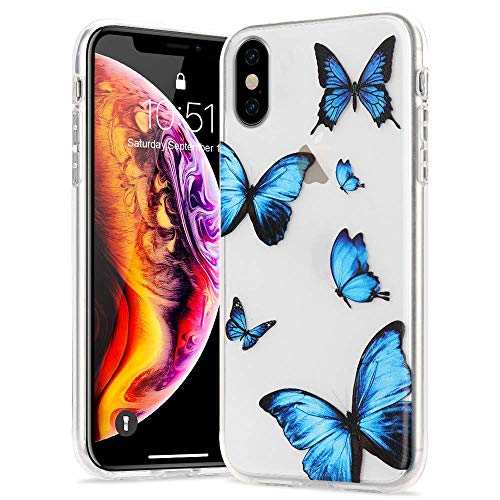LLZ.COQUE Hülle für iPhone X/Xs Handyhülle Schmetterling Klar Schutzhülle Transparent Butterfly Case Backcover Schmetterling Hülle für iPhone X/Xs Blau von LLZ.COQUE