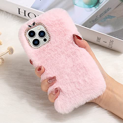 LLZ.COQUE Kompatibel mit iPhone 13 Pro Handyhülle Flauschige Mädchen Plüsch Hülle Süße Winter Warm Schutzhülle Handytasche Stoßfest Silikon Case für iPhone 13 Pro Rosa von LLZ.COQUE