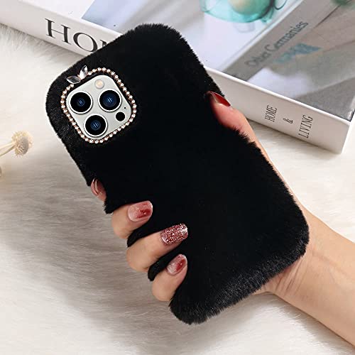 LLZ.COQUE Kompatibel mit iPhone 13 Pro Handyhülle Flauschige Mädchen Plüsch Hülle Süße Winter Warm Schutzhülle Handytasche Stoßfest Silikon Case für iPhone 13 Pro Schwarz von LLZ.COQUE