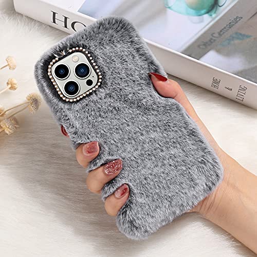 LLZ.COQUE Kompatibel mit iPhone 13 Pro Max Handyhülle Flauschige Mädchen Plüsch Hülle Süße Winter Warm Schutzhülle Handytasche Stoßfest Silikon Case für iPhone 13 Pro Max Grau von LLZ.COQUE