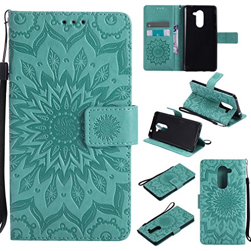 LMAZWUFULM Hülle für Honor 6X / Huawei GR5 2017 5,5 Zoll PU Leder Magnet Brieftasche Lederhülle Sonnenblume Prägung Design Stent-Funktion Ledertasche Flip Cover Grün von LMAZWUFULM