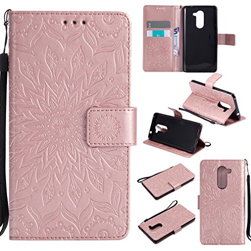 LMAZWUFULM Hülle für Honor 6X / Huawei GR5 2017 5,5 Zoll PU Leder Magnet Brieftasche Lederhülle Sonnenblume Prägung Design Stent-Funktion Ledertasche Flip Cover Rosegold von LMAZWUFULM