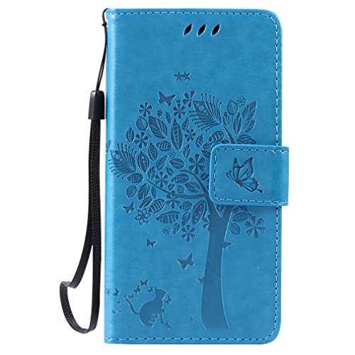 LMAZWUFULM Hülle für Huawei LUA-L21 /Y3 II 4,5 Zoll PU Leder Magnetverschluss Brieftasche Lederhülle Baum und Katzen Muster Standfunktion Schutzhülle Ledertasche Flip Cover Blau von LMAZWUFULM