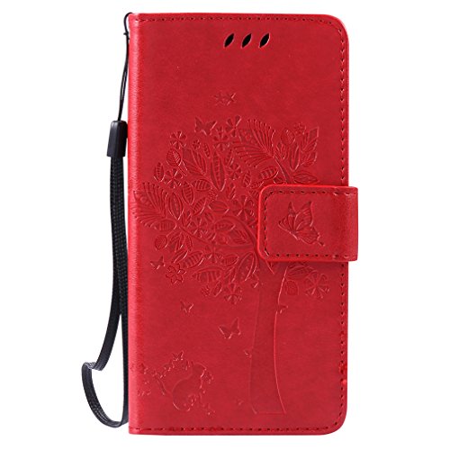 LMAZWUFULM Hülle für Huawei LUA-L21 /Y3 II 4,5 Zoll PU Leder Magnetverschluss Brieftasche Lederhülle Baum und Katzen Muster Standfunktion Schutzhülle Ledertasche Flip Cover Rot von LMAZWUFULM