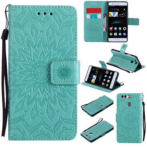 LMAZWUFULM Hülle für Huawei P9 lite/VNS-L31 5,2 Zoll PU Leder Magnet Brieftasche Lederhülle Sonnenblume Prägung Design Stent-Funktion Ledertasche Flip Cover Grün von LMAZWUFULM