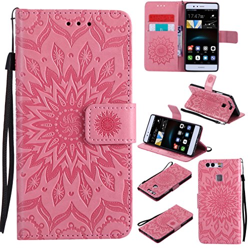 LMAZWUFULM Hülle für Huawei P9 lite/VNS-L31 5,2 Zoll PU Leder Magnet Brieftasche Lederhülle Sonnenblume Prägung Design Stent-Funktion Ledertasche Flip Cover Rosa von LMAZWUFULM