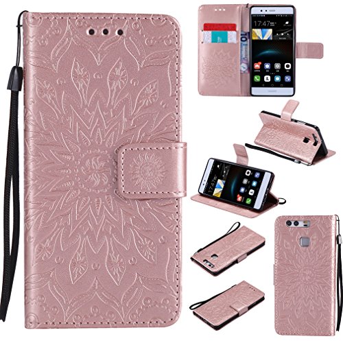 LMAZWUFULM Hülle für Huawei P9 lite/VNS-L31 5,2 Zoll PU Leder Magnet Brieftasche Lederhülle Sonnenblume Prägung Design Stent-Funktion Ledertasche Flip Cover Rosegold von LMAZWUFULM