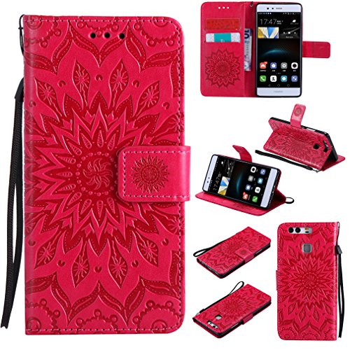 LMAZWUFULM Hülle für Huawei P9 lite/VNS-L31 5,2 Zoll PU Leder Magnet Brieftasche Lederhülle Sonnenblume Prägung Design Stent-Funktion Ledertasche Flip Cover Rot von LMAZWUFULM