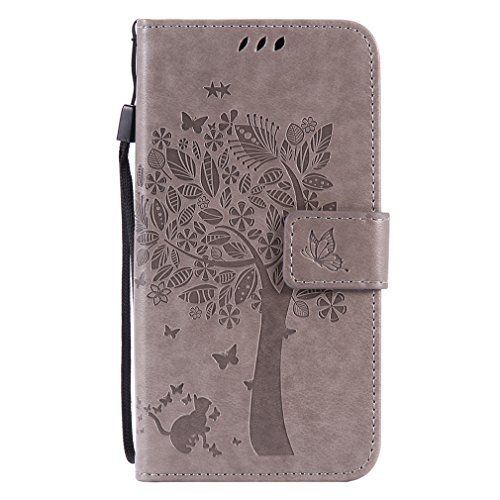 LMAZWUFULM Hülle für Huawei Y6 II Compact/Huawei Y5 II (5,0 Zoll) PU Leder Magnetverschluss Brieftasche Lederhülle Baum und Katzen Muster Standfunktion Schutzhülle Ledertasche Flip Cover Grau von LMAZWUFULM