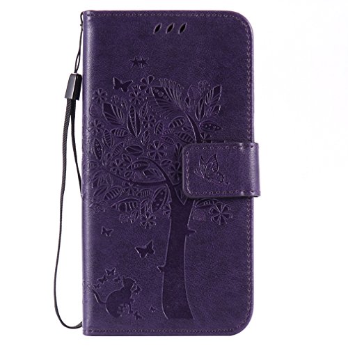 LMAZWUFULM Hülle für Huawei Y6 II Compact/Huawei Y5 II (5,0 Zoll) PU Leder Magnetverschluss Brieftasche Lederhülle Baum und Katzen Muster Standfunktion Schutzhülle Ledertasche Flip Cover Lila von LMAZWUFULM