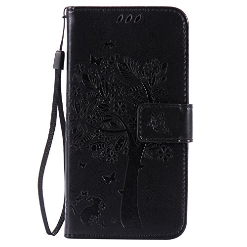 LMAZWUFULM Hülle für Huawei Y6 II Compact/Huawei Y5 II (5,0 Zoll) PU Leder Magnetverschluss Brieftasche Lederhülle Baum und Katzen Muster Standfunktion Schutzhülle Ledertasche Flip Cover Schwarz von LMAZWUFULM