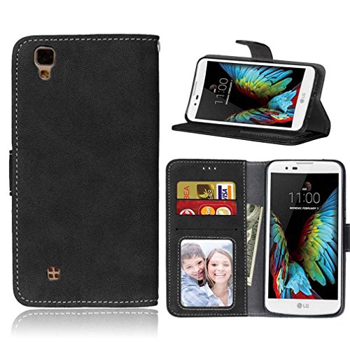 LMAZWUFULM Hülle für LG X Power/LG K220 (5,3 Zoll) PU Leder Magnet Brieftasche Lederhülle Retro Gefrostet Design Stent-Funktion Schutzhülle Ledertasche Flip Cover Schwarz von LMAZWUFULM