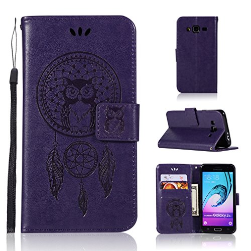 LMAZWUFULM Hülle für Samsung Galaxy J3 DUOS 2016 / SM-J320F (5,0 Zoll) PU Leder Magnet Brieftasche Lederhülle Eule und Traumfänger Muster Standfunktion Ledertasche Flip Cover für Galaxy J3 Lila von LMAZWUFULM