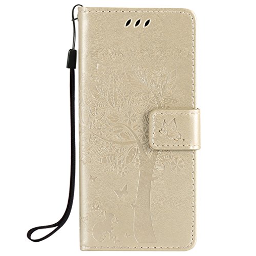 LMAZWUFULM Hülle für Sony E5 5.0 Zoll PU Leder Magnet Brieftasche Lederhülle Baum und Katze Prägung Design Stent-Funktion Ledertasche Flip Cover Sony E5 Gold von LMAZWUFULM