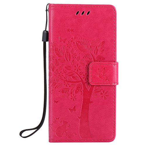 LMAZWUFULM Hülle für Sony E5 5.0 Zoll PU Leder Magnet Brieftasche Lederhülle Baum und Katze Prägung Design Stent-Funktion Ledertasche Flip Cover Sony E5 Roserot von LMAZWUFULM