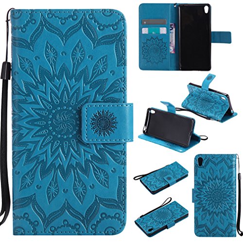 LMAZWUFULM Hülle für Sony Xperia E5 (F3311 / F3313) 5,0 Zoll PU Leder Magnetverschluss Brieftasche Lederhülle Sonnenblume Prägung Design Stent-Funktion Ledertasche Flip Cover für Sony E5 Blau von LMAZWUFULM