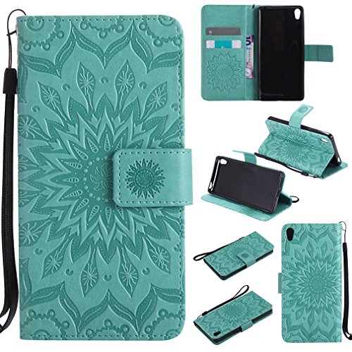 LMAZWUFULM Hülle für Sony Xperia E5 (F3311 / F3313) 5,0 Zoll PU Leder Magnetverschluss Brieftasche Lederhülle Sonnenblume Prägung Design Stent-Funktion Ledertasche Flip Cover für Sony E5 Grün von LMAZWUFULM