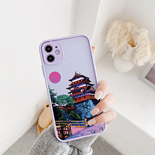 Japanische Anime-handbemalte Hauslandschaft, Handyhülle für iPhone X XR XS Max 13 12 11 Pro Max 7 8 Plus SE 2020, Harte, Matte Abdeckung, lila RS-Landschaft 6, für iPhone 13 Pro von LMEIL