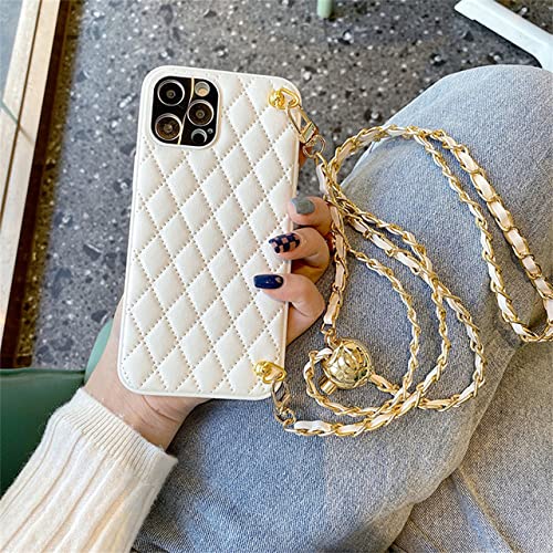 Luxus Crossbody verstellbare Leder Lanyard Halskette Kette Retro Rhombus Hülle für iPhone 11 12 13 14 Pro Max XR X XS Cover, A, für iPhone 14Pro Max von LMEIL