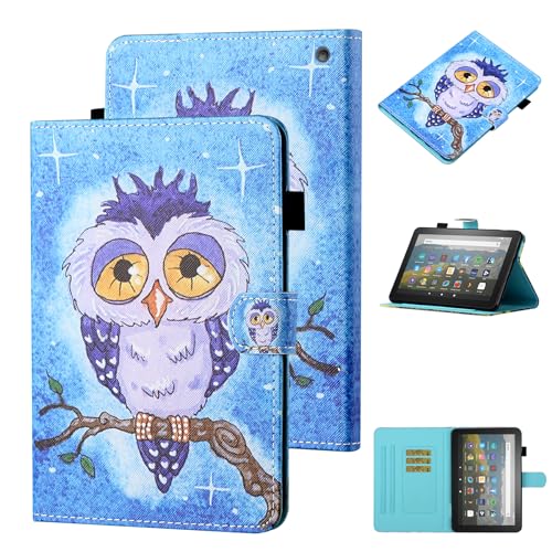 LMFULM® Hülle für Amazon Fire HD 10 2023 13th Gen (10,1 Zoll) PU Lederhülle Abdeckung Leder Wallet Case mit Auto Schlaf/Wach Cover Ständer Schutzhülle Flip Cover Blau Eule von LMFULM
