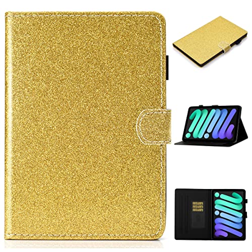 LMFULM® Hülle für Apple iPad mini 6 (6th Gen 2021) (8,3 Zoll) Bling Glänzend Glitzer PU Lederhülle Smart Case mit Auto Schlaf/Wach Ständer Schutzhülle Flip Cover Gold von LMFULM