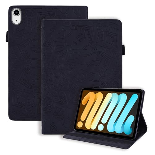 LMFULM® Hülle für Apple iPad mini 7 (A17 Pro 2024) (8,3 Zoll) PU Lederhülle Smart Case mit Auto Schlaf/Wach Ständer Schutzhülle Flip Cover Prägung Mandala Schwarz von LMFULM