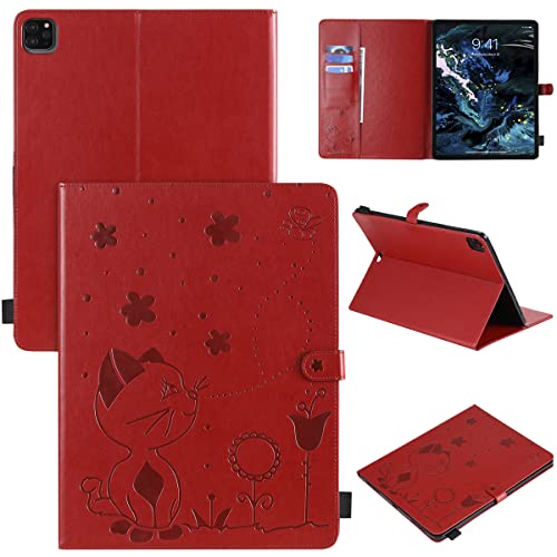 LMFULM® Hülle für Apple iPad Pro 12.9 3/4/5th Gen 2018-2021 (12,9 Zoll) PU Lederhülle Smart Case mit Auto Schlaf/Wach Cover Ständer Schutzhülle Flip Cover Prägen Katze und Biene Rot von LMFULM