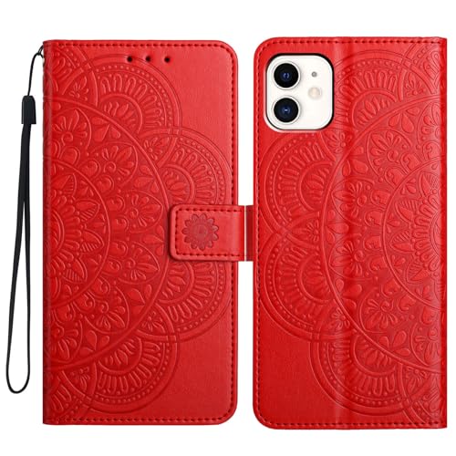 LMFULM® Hülle für Apple iPhone 11 (6,1 Zoll) PU Leder Magnet Brieftasche Lederhülle Mandala Blumen Drucken Flip Cover Ledertasche Stent-Funktion Case Rot von LMFULM