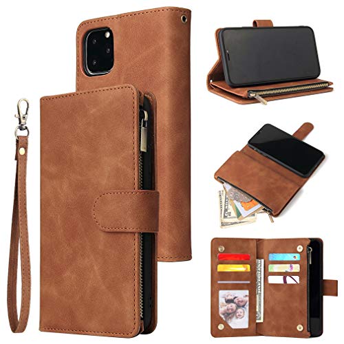LMFULM® Hülle für Apple iPhone 11 Pro Max (6,5 Zoll) PU Leder Magnet Brieftasche Lederhülle Handytasche Standfunktion Tasche Schutzhülle Flip Cover Retro Reißverschluss Braun von LMFULM