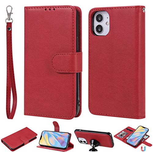 LMFULM® Hülle für Apple iPhone 12 Mini (5,4 Zoll) PU+TPU Leder [Abnehmbares 2 in 1] Magnetic Flip Case und Rückseite Ständer Ledertasche Brieftasche Handyhülle Rot von LMFULM