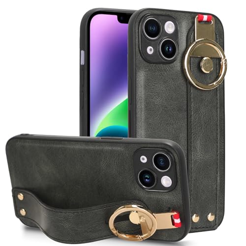 LMFULM® Hülle für Apple iPhone 14 (6,1 Zoll) Lanyard Handgelenkriemen PU Schutzhülle Harte PC Rückseite Case Bumper Cover mit Flaschenöffner und Ständer Grün von LMFULM