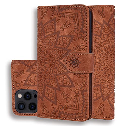 LMFULM® Hülle für Apple iPhone 14 Pro Max (6,7 Zoll) PU Leder Case Magnet Brieftasche Lederhülle Handytasche Stand Ledertasche Flip Cover Mandala Prägung Braun von LMFULM