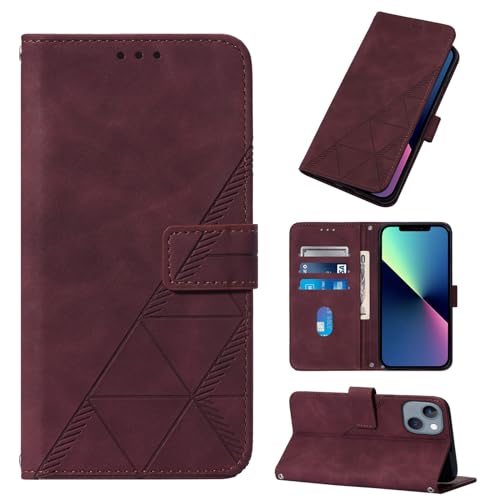 LMFULM® Hülle für Apple iPhone 15 Plus (6,7 Zoll) PU Leder Magnet Brieftasche Lederhülle Dreieck Drucken Flip Cover Ledertasche Stent-Funktion Case Rotwein von LMFULM