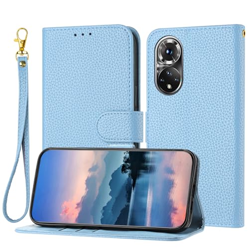 LMFULM® Hülle für Honor 50 (NTH-AN00, NTH-NX9) (6,57 Zoll) PU Leder Magnet Brieftasche Lederhülle Litschi Drucken Flip Cover Ledertasche Stent-Funktion Case Blau von LMFULM