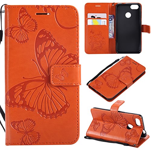 LMFULM® Hülle für Huawei P9 Lite Mini/Huawei Y6 Pro 2017 (5,0 Zoll) PU Leder Magnet Brieftasche Lederhülle Schmetterling Geprägtes Design Stent-Funktion Holster Flip Cover Orange von LMFULM