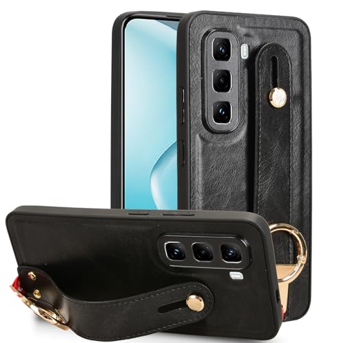 LMFULM® Hülle für Infinix Hot 50 Pro+ 4G X6880 (6,78 Zoll) Lanyard Handgelenkriemen PU Schutzhülle Harte PC Rückseite Case Bumper Cover mit Flaschenöffner und Ständer Schwarz von LMFULM