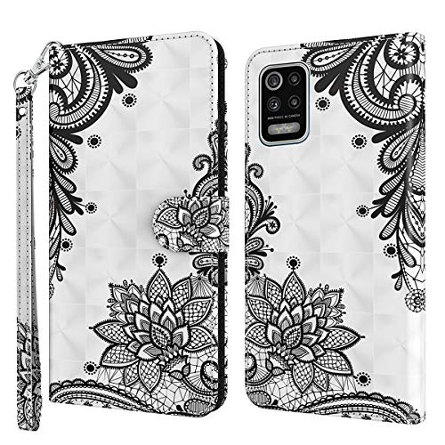 LMFULM® Hülle für LG K62 / K52 / Q52 K520 (6,6 Zoll) PU Leder Magnet Brieftasche Lederhülle Stent-Funktion Schutzhülle Ledertasche Flip Cover - 3D Spitze Blume von LMFULM