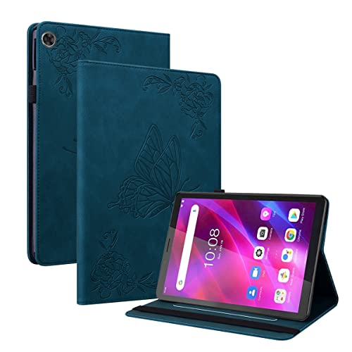 LMFULM® Hülle für Lenovo Tab M7 3rd Gen TB-7306X (7,0 Zoll) PU Lederhülle Tasche Smart Case mit Ständer Schutzhülle Flip Cover Prägung Schmetterling Blau von LMFULM