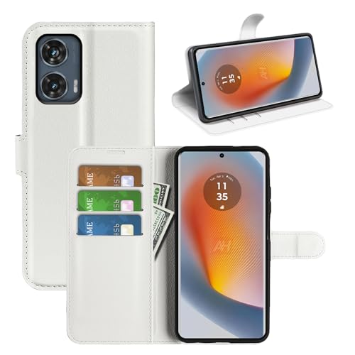 LMFULM® Hülle für Motorola Edge 50 Fusion (6,7 Zoll) PU Leder Magnet Brieftasche Lederhülle Handytasche Litschi Muster Standfunktion Ledertasche Flip Cover Weiß von LMFULM