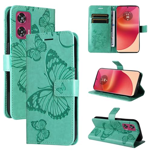 LMFULM® Hülle für Motorola Edge 50 Fusion (6,7 Zoll) PU Leder Magnet Brieftasche Lederhülle Schmetterling Geprägtes Design Stent-Funktion Tasche Flip Cover Grün von LMFULM
