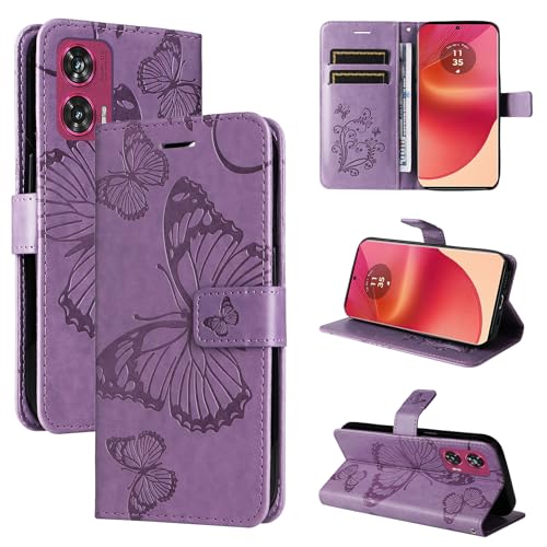 LMFULM® Hülle für Motorola Edge 50 Fusion (6,7 Zoll) PU Leder Magnet Brieftasche Lederhülle Schmetterling Geprägtes Design Stent-Funktion Tasche Flip Cover Lavendel von LMFULM