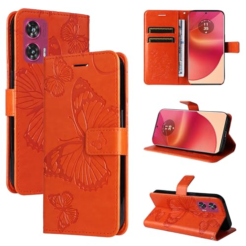 LMFULM® Hülle für Motorola Edge 50 Fusion (6,7 Zoll) PU Leder Magnet Brieftasche Lederhülle Schmetterling Geprägtes Design Stent-Funktion Tasche Flip Cover Orange von LMFULM