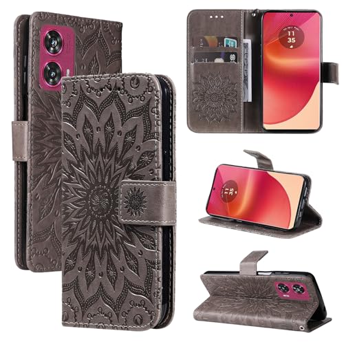 LMFULM® Hülle für Motorola Edge 50 Fusion (6,7 Zoll) PU Leder Magnet Brieftasche Lederhülle Sonnenblume Prägung Design Stent-Funktion Tasche Flip Cover Grau von LMFULM