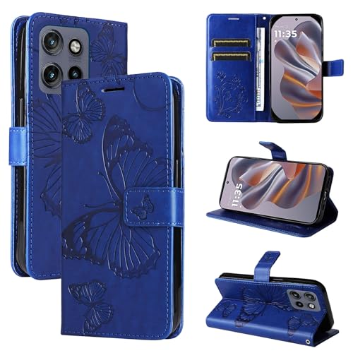 LMFULM® Hülle für Motorola Edge 50 Neo (6,4 Zoll) PU Leder Magnet Brieftasche Lederhülle Schmetterling Geprägtes Design Stent-Funktion Tasche Flip Cover Blau von LMFULM