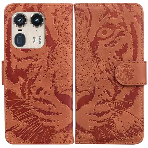 LMFULM® Hülle für Motorola Edge 50 Ultra (6,7 Zoll) PU Leder Magnet Brieftasche Lederhülle Tiger Drucken Flip Cover Ledertasche Stent-Funktion Case Braun von LMFULM