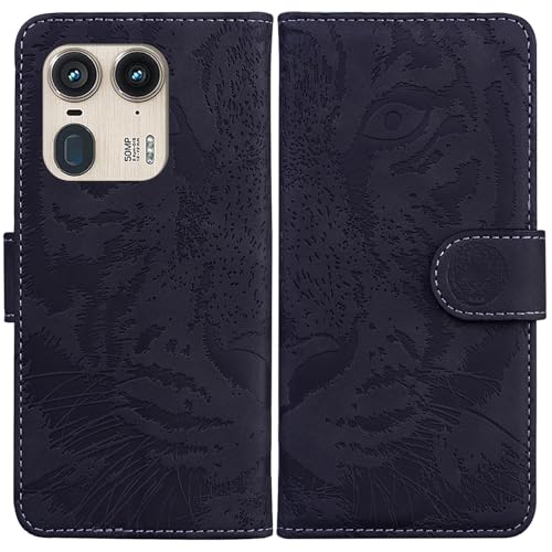 LMFULM® Hülle für Motorola Edge 50 Ultra (6,7 Zoll) PU Leder Magnet Brieftasche Lederhülle Tiger Drucken Flip Cover Ledertasche Stent-Funktion Case Schwarz von LMFULM