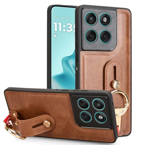 LMFULM® Hülle für Motorola Edge 60 Fusion XT2503 (6,67 Zoll) Lanyard Handgelenkriemen PU Schutzhülle Harte PC Rückseite Case Bumper Cover mit Flaschenöffner und Ständer Braun von LMFULM